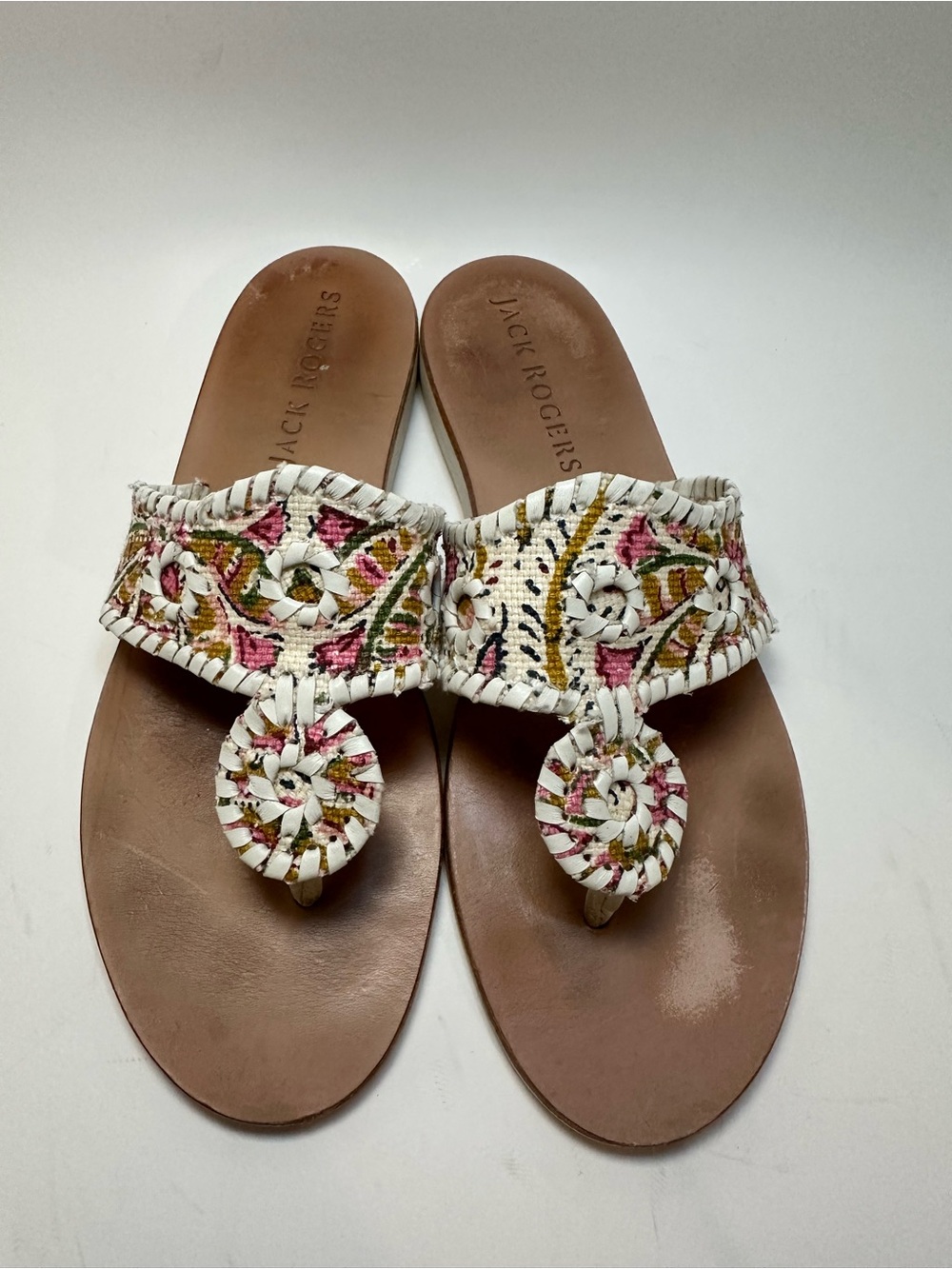 Jack Rogers White Multicolor Embroidered Thong Sandals